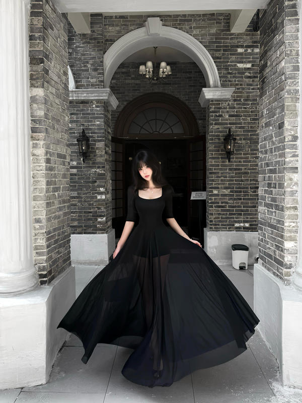 French-Style Square-Neck Elegant Mesh Patchwork Dress for Women, Spring and Summer, Waist-Cinching, Slimming, Mid-Sleeve, Large Hem, A-Line Long Dress French-Style Square-Neck Elegant Mesh Patchwork Dress for Women, Spring and Summer, Waist-Cinching, Slimming, Mid-Sleeve, Large Hem, A-Line Long Dress