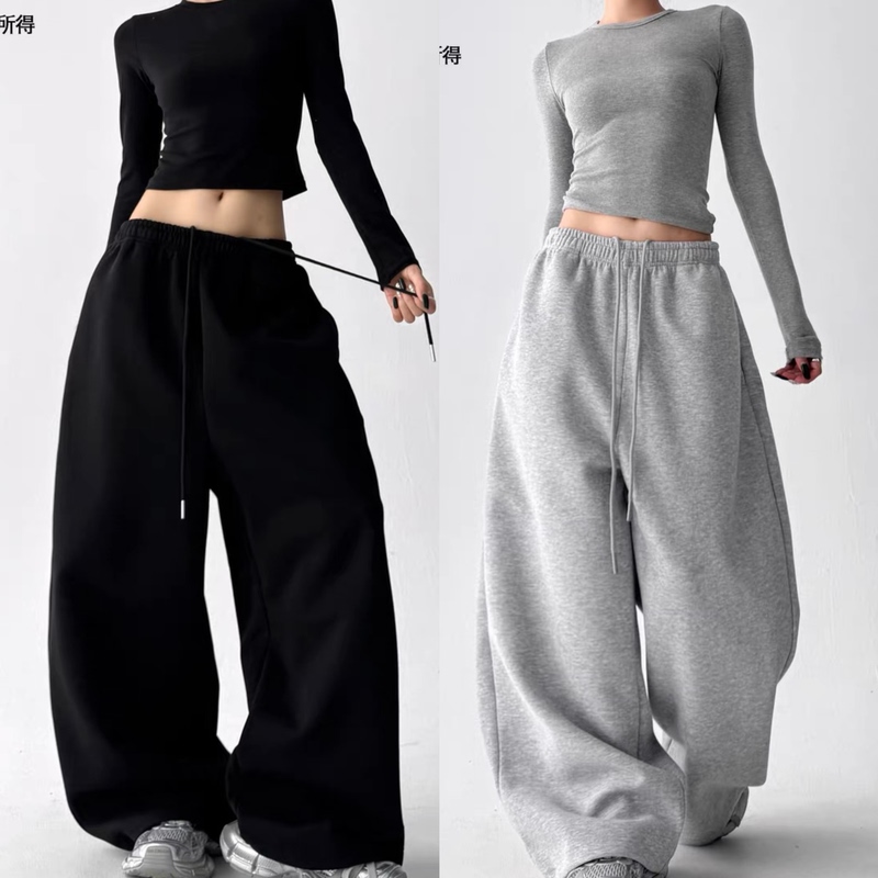 American Retro Gray Sweatpants for Women, Hip-Hop Loose Straight-Leg Pants with Drape, Floor-Length Wide-Leg Jazz Trousers
