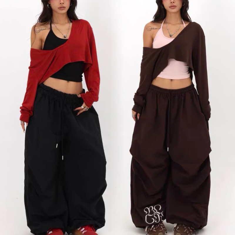 Meilade Spicy Girl Layered Look Lazy Style Loose Slimming Two-Piece T-Shirt Set for Women Street Dance Jazz Long-Sleeve Top