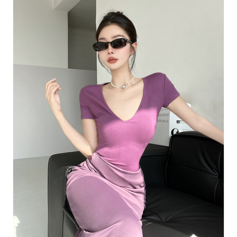 Swaying and Graceful~ Covering the Belly, Enhancing the Hips, Sexy Deep V-Neck, Contrasting Color Dress, Alluring Purple Waist-Cinching Long Dress