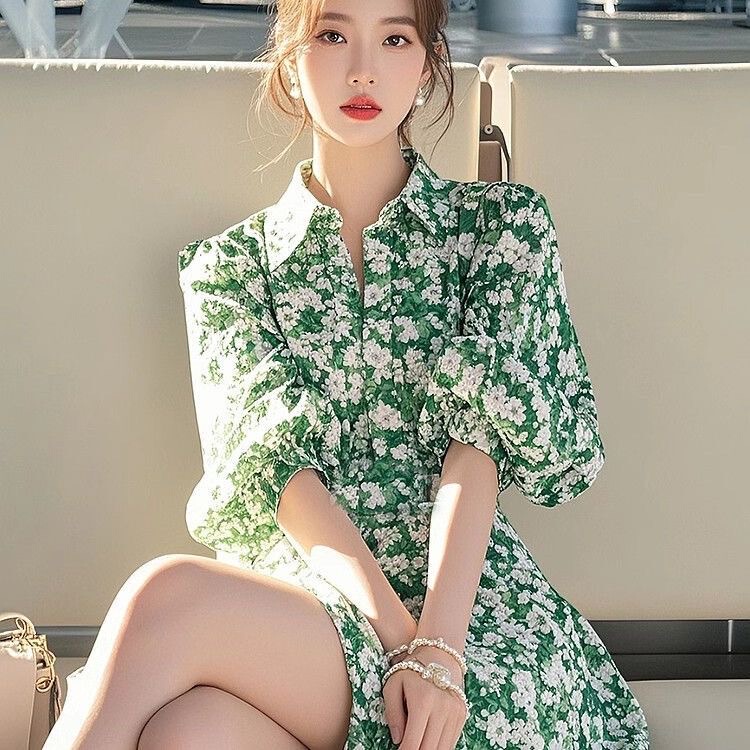 2025 Spring Korean Style Youthful and Stylish Green Floral Mid-Sleeve Shirt Dress for Women Dopamine Aesthetic Mini Dress