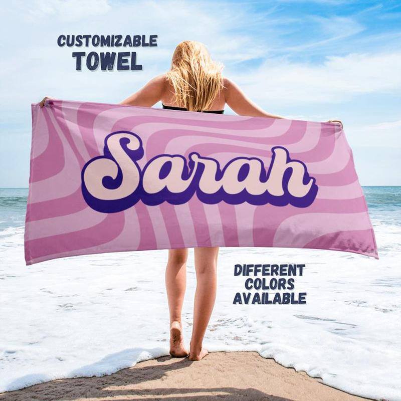 Retro Ripple Name Beach Towel Personalized Letter Hooded Bath Towel Seaside Vacation Pool Towel Travel Gift