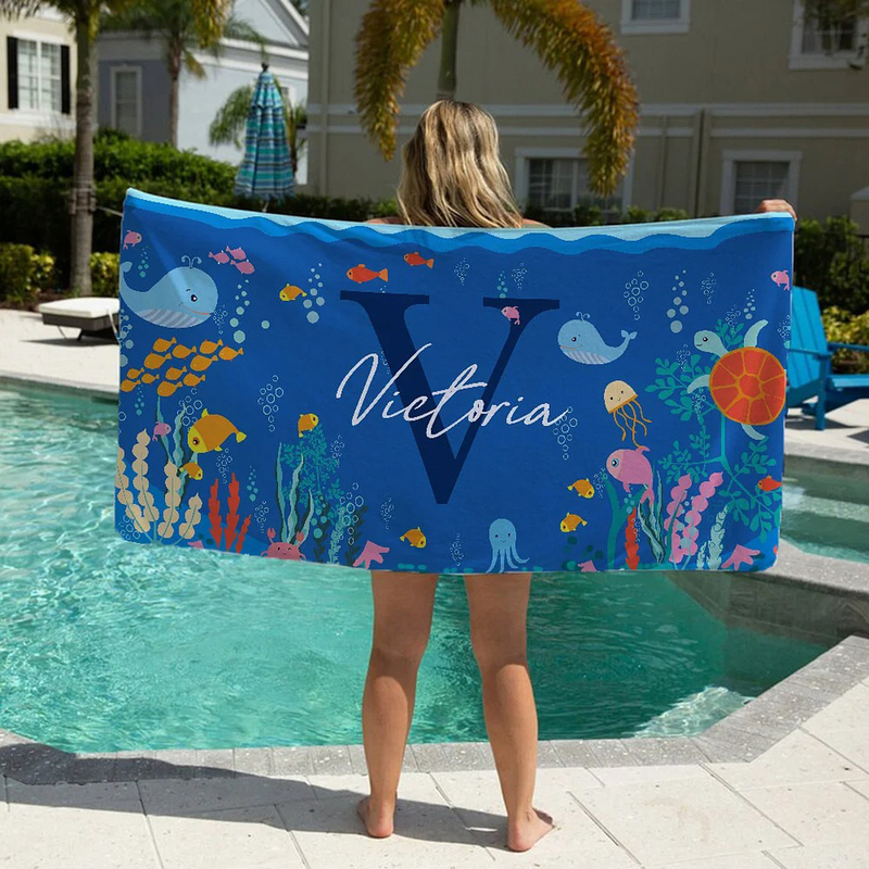 Personalized Ocean Cartoon Beach Towel with Name and Letter Fish and Whale Pattern Bath Towel for Children and Adults Universal Towel