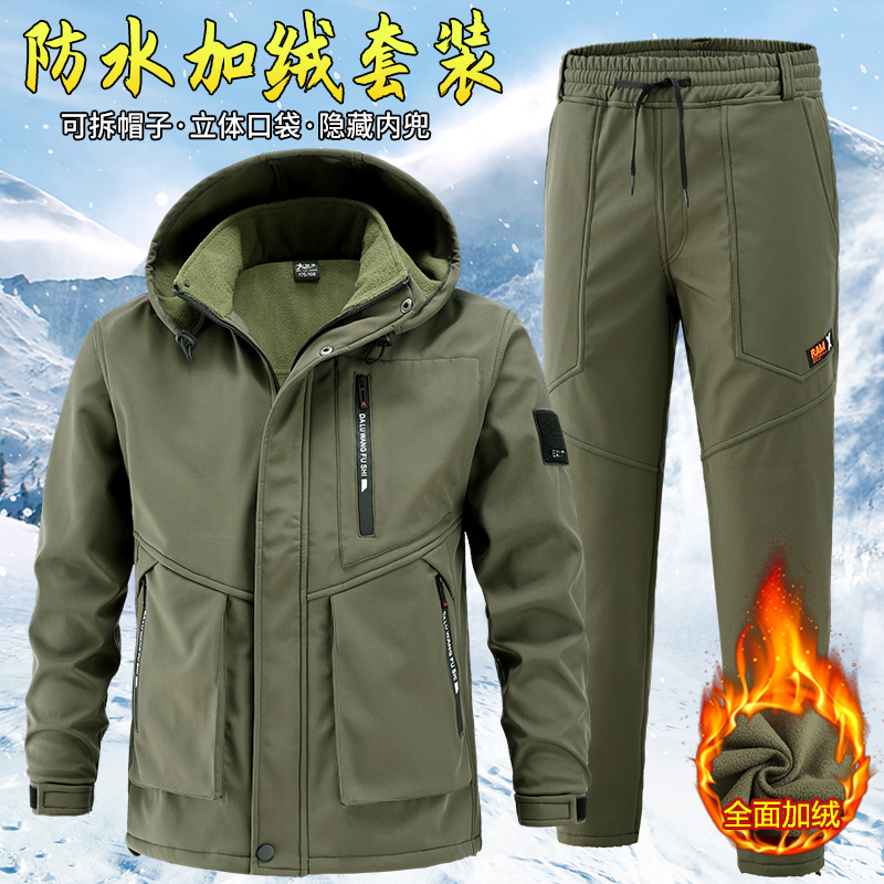 Autumn-winter sub-machine clothes suit men and women windproof and waterproof plus suede thickened warm outdoor riding ski mountaineering clothing frock-Taobao
