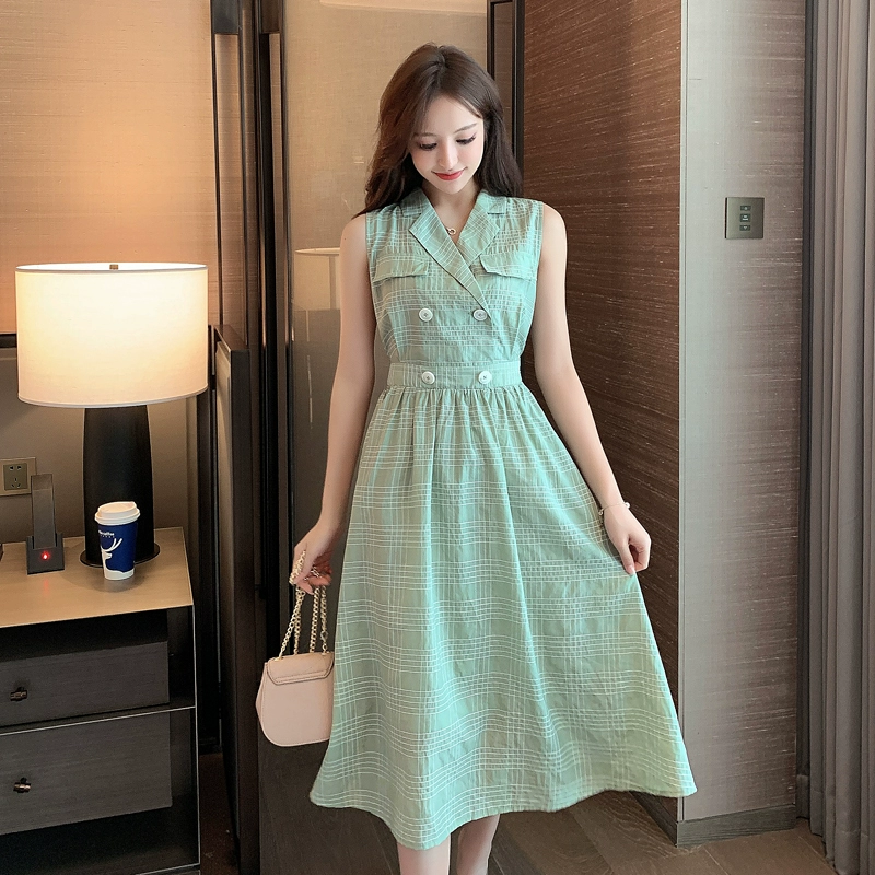 20 mùa hè mới của phụ nữ Hàn Quốc khí chất phù hợp với cổ áo eo đã mỏng trong phần dài váy chữ A váy kẻ sọc retro - A-Line Váy