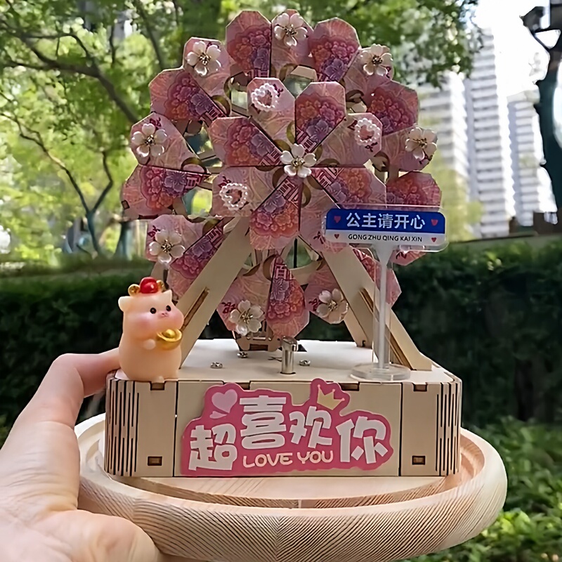 Chinese Valentine's Day Music Box Clockwork Self-Assembling Building Blocks Music Ferris Wheel Glass Dome Decorative Ornaments Handmade DIY Materials