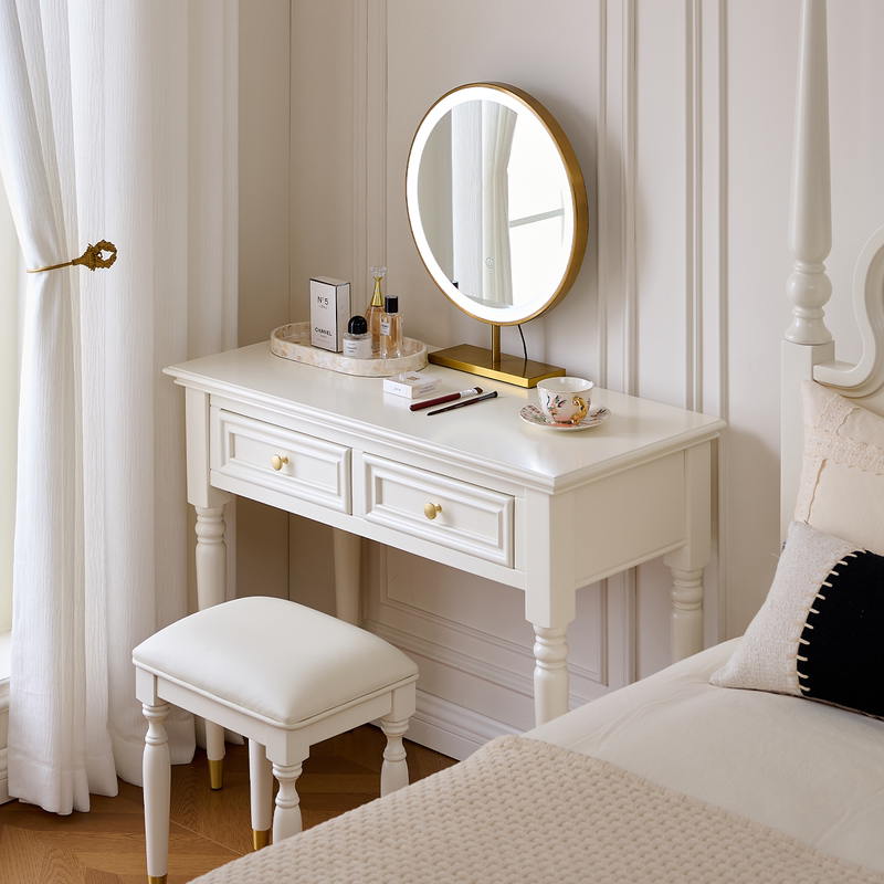 French-Style Dressing Table, Solid Wood Makeup Desk for Bedroom Bedside, American Modern Minimalist ins Style, Small Apartment White Master Bedroom French-Style Dressing Table, Solid Wood Makeup Desk for Bedroom Bedside, American Modern Minimalist ins Style, Small Apartment White Master Bedroom
