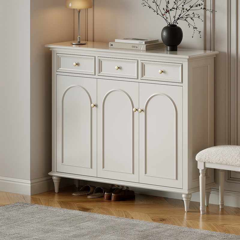 French-Style Solid Wood Shoe Cabinet for Home Use, White Three-Door Storage Cabinet, Cream-Style Entryway Hallway Storage Cabinet with Two Doors French-Style Solid Wood Shoe Cabinet for Home Use, White Three-Door Storage Cabinet, Cream-Style Entryway Hallway Storage Cabinet with Two Doors