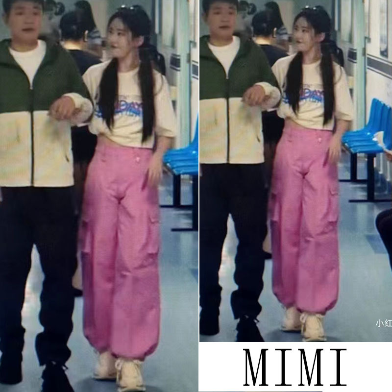 The Story of Roses Liu Yifei Huang Yimei's Same Style Pink High-Waist Slim Cargo Pants Multi-Flap Pocket Pants Loose Casual Pants