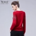 Áo khoác nữ mùa xuân 2020 mới dài tay áo thun cashmere Áo len hoang dã thẳng cổ tròn cổ áo len nữ - Áo / áo thun