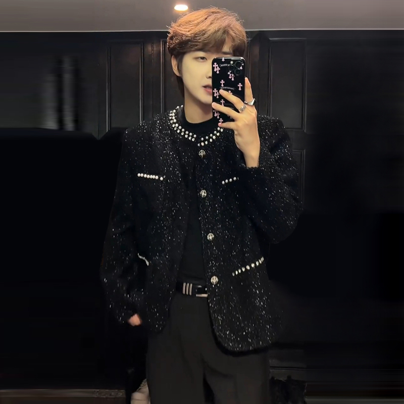 Korean Style Fashionable High-End Tweed Jacket with Rhinestones, Chanel-Inspired Design, Cool Shoulder-Padded Jacket, Trendy Men's Fashion