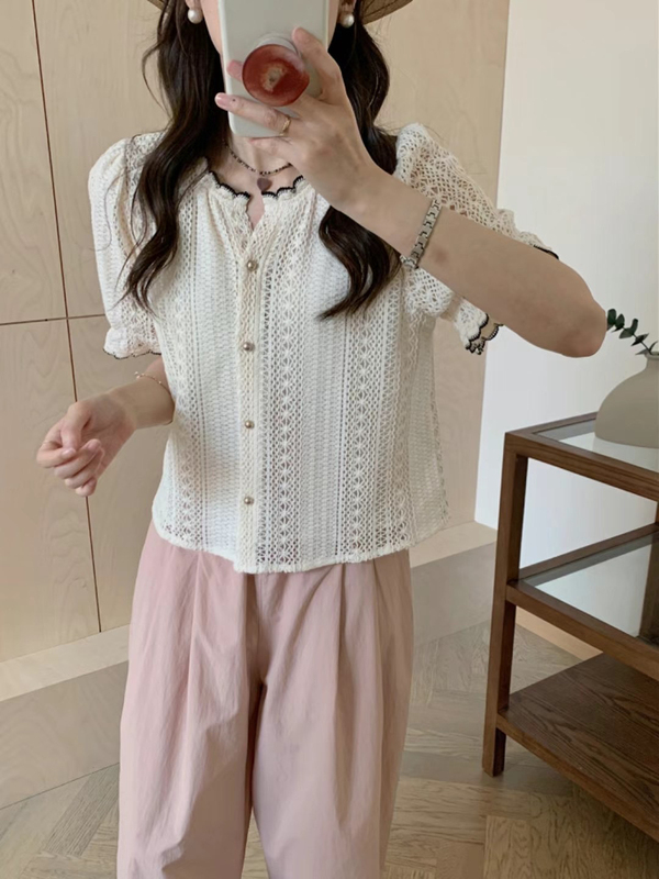 Hollow-Out Lace Shirt, Lace Short-Sleeve Shirt with Lace Collar, Women's Shirt, Rustic Fabric