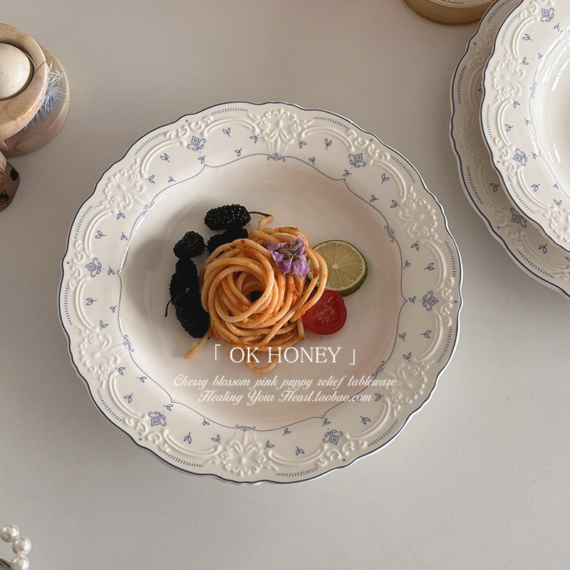 French-Style Vintage Blue Line Floral Hat Plate ins Embossed Ceramic Pasta Plate Home Use Western Food Plate Extra Large Shallow Plate
