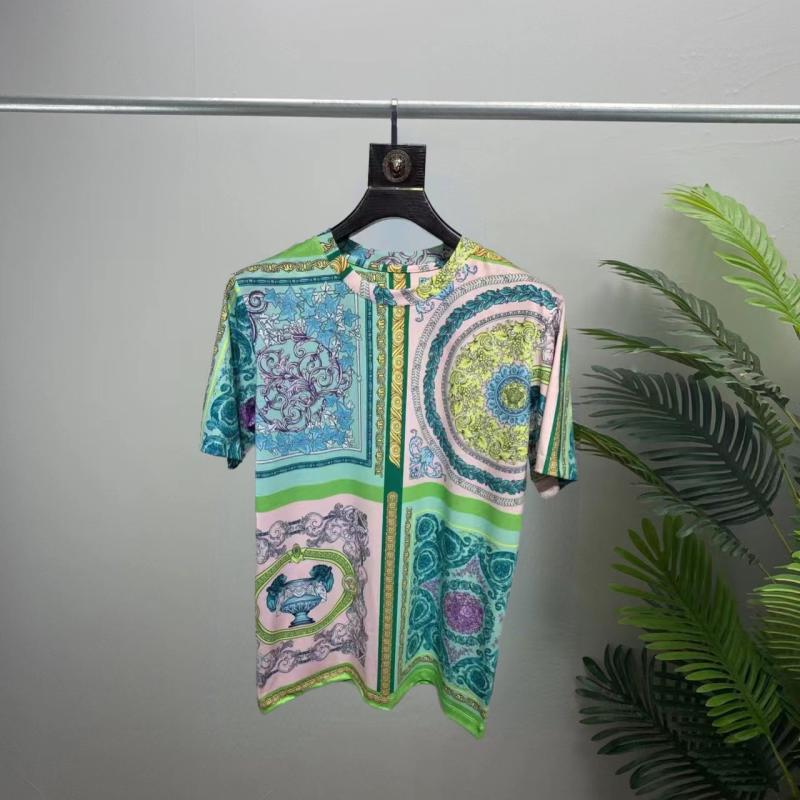 Summer European and American Trendy Casual Digital Print Men's Floral Round Neck Short-Sleeved Hawaiian Silk Cotton Men's T-Shirt for Vacation