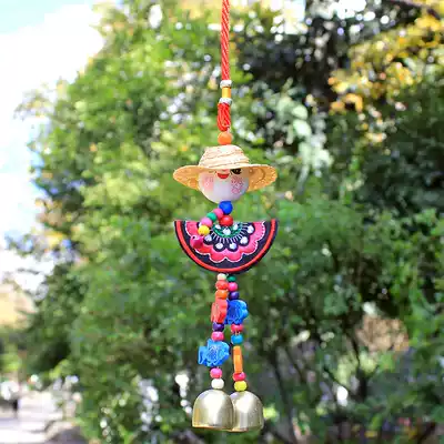 Handmade wheat straw hat wind chimes embroidery sunny day doll car pendant door and window hanging ornaments Yi people wind door bell