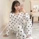 Phong cách Hàn Quốc đồ ngủ của phụ nữ mùa xuân và mùa thu dài tay cotton tinh khiết học sinh tươi và ngọt ngào dễ thương mùa đông mặc nhà mỏng phù hợp với phụ nữ hai mảnh - Nam giới