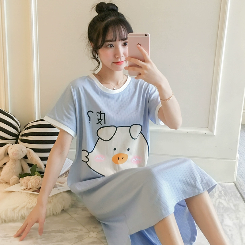 Váy ngủ nữ mùa hè tinh khiết cotton mỏng ngắn tay sexy 2020 mới đồ ngủ nữ mùa hè cộng với kích thước dịch vụ tại nhà mùa xuân và mùa thu - Đêm đầm