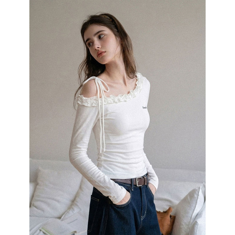 White Asymmetrical Lace Long-Sleeve T-Shirt for Women, Early Autumn Slim Fit Irregular Crop Top with Exposed Shoulders White Asymmetrical Lace Long-Sleeve T-Shirt for Women, Early Autumn Slim Fit Irregular Crop Top with Exposed Shoulders