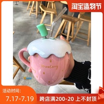 Cartoon cute strawberry ceramic cup with lid spoon Korean version creative girl heart student office breakfast milk cup