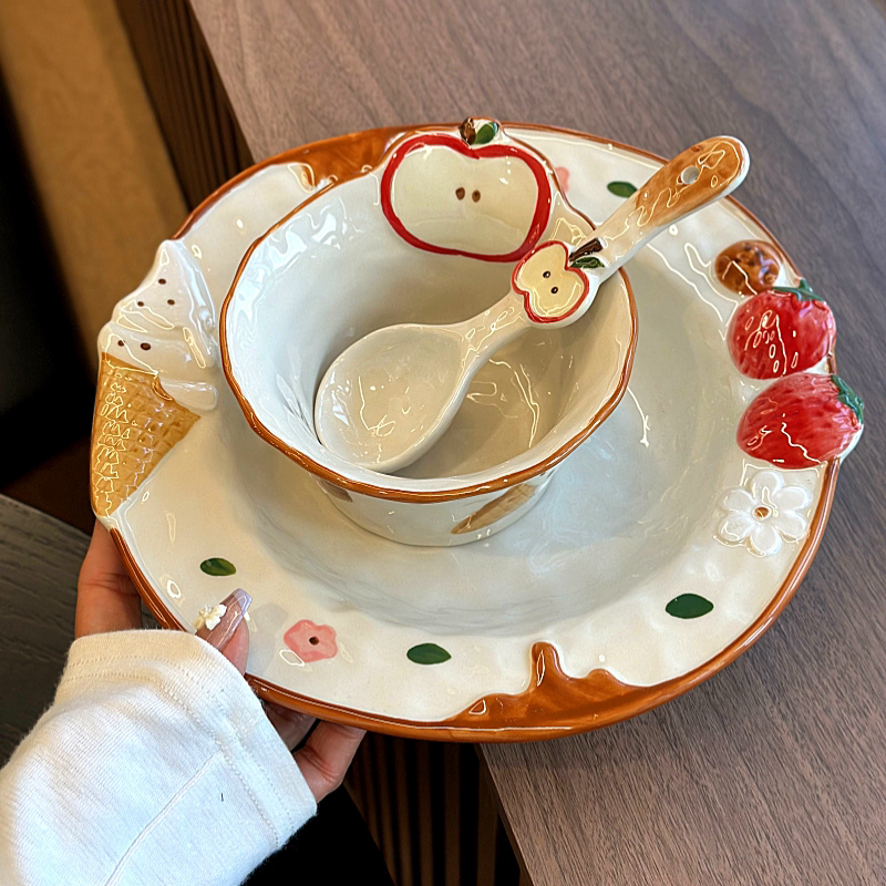 Girly Strawberry Embossed Ceramic Household Bowls and Plates, High-Value Underglaze Color Rice Bowls, Fruit Salad Plates