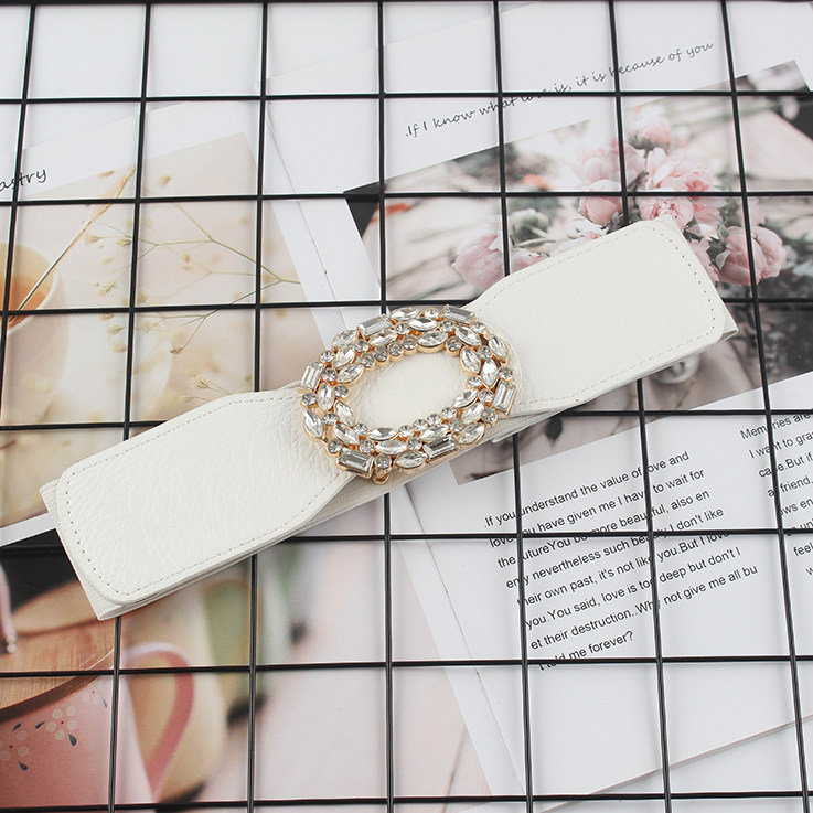 PU Leather High Elastic Wide Belt for Women Stretch Waist Belt for Dress Autumn Stretch Women Belts White Red Pearl Buckle Belt