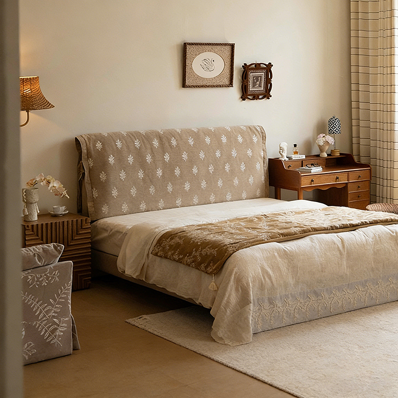 Vanilla Bed, French-Style Vintage Cream-Colored Fabric Bed with Removable and Washable Cover, High Backrest, Thickened Soft Upholstery Bed, Bauhaus Bed for the Bedroom Vanilla Bed, French-Style Vintage Cream-Colored Fabric Bed with Removable and Washable Cover, High Backrest, Thickened Soft Upholstery Bed, Bauhaus Bed for the Bedroom