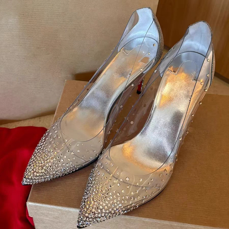 Pointed Toe, Shallow Mouth, Transparent Rhinestone, Silver Red Sole, Stiletto High Heels, Sexy and Elegant Style, Genuine Leather, Stunning Party Shoes