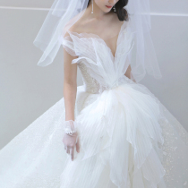 Wings]One-shouldered main wedding dress new starry sky French bling trailing thin autumn Hepburn swan forest series