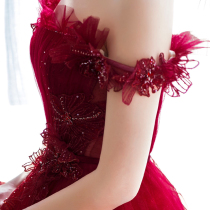 Flower dance) Three-dimensional flower one-shoulder burgundy long dress dress toast dress evening dress Host annual meeting fairy engagement