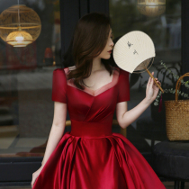 New satin bride toast dress short-sleeved long-sleeved dress dress wedding little chanson female evening dress banquet host red engagement