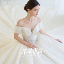 (Galaxy)one-word shoulder main wedding dress thin big tail Hepburn sequins French turn starry new autumn and summer