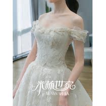 One-shouldered three-dimensional flower lace wedding dress 2021 bride Hepburn style trailing small child forest dream light