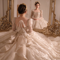 New heavy industry luxury starry sky main wedding dress bubble long-sleeved sequins custom princess Hepburn autumn retro tail