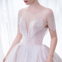 New European-style trailing wedding dress word shoulder starry sky flash luxury Hepburn tassel autumn and summer women dream king slightly