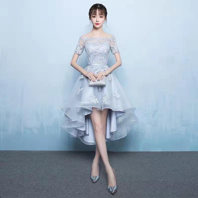 Gray Bridesmaid Dress 2026 New Winter Style Fairy-Like Elegant Short Front Long Back Sister Group Banquet Evening Dress for Women Gray Bridesmaid Dress 2026 New Winter Style Fairy-Like Elegant Short Front Long Back Sister Group Banquet Evening Dress for Women