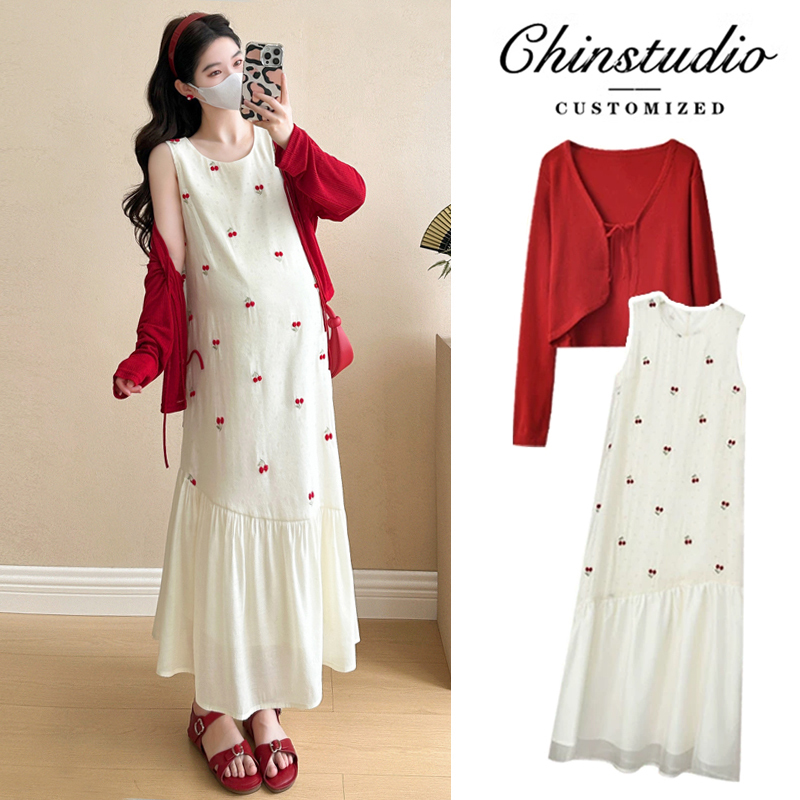 Maternity Wear Summer Dress 2026 New Set Dress Cherry Embroidery Spring and Summer Pregnant Mother High-End Style Dress