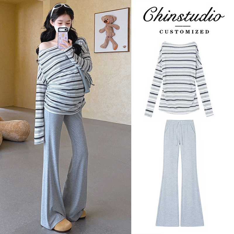 Maternity Wear Spring and Summer 2026 New Korean Style Striped Off-Shoulder Sun Protection T-Shirt Top and Pants Set, Lazy Style Maternity Wear Spring and Summer 2026 New Korean Style Striped Off-Shoulder Sun Protection T-Shirt Top and Pants Set, Lazy Style