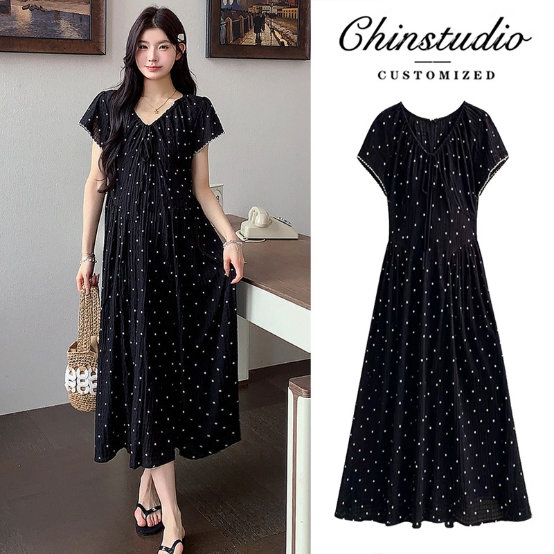 Maternity Wear Summer Dress Black Polka Dot Slimming 2026 New Style Stylish during Pregnancy Not Revealing Pregnancy Skirt Set