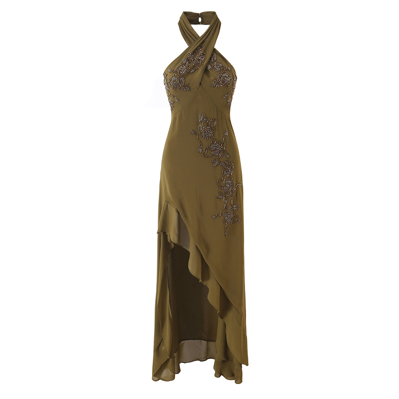 Free Shipping European and American Elegant Heavy-Duty Beaded Embroidered Waist-Cinching Halter Neck Dress for Women with Irregular Ruffles Free Shipping European and American Elegant Heavy-Duty Beaded Embroidered Waist-Cinching Halter Neck Dress for Women with Irregular Ruffles
