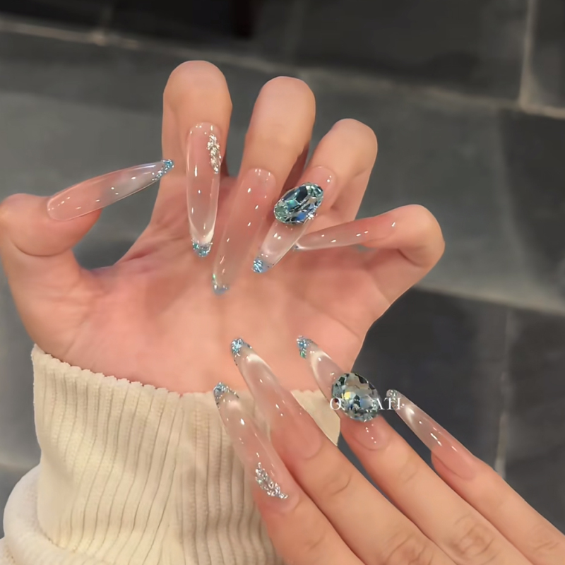 Mermaid Tears Spring/Summer New Handmade Wearable Nail Art French Long Cat Eye Sparkling Whitening Fake Nails Finished Wedding Nails