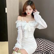 Hot girl pure lust style high-end small dress womens spring and autumn slimming temperament one-line collar off-shoulder suspender bag hip skirt