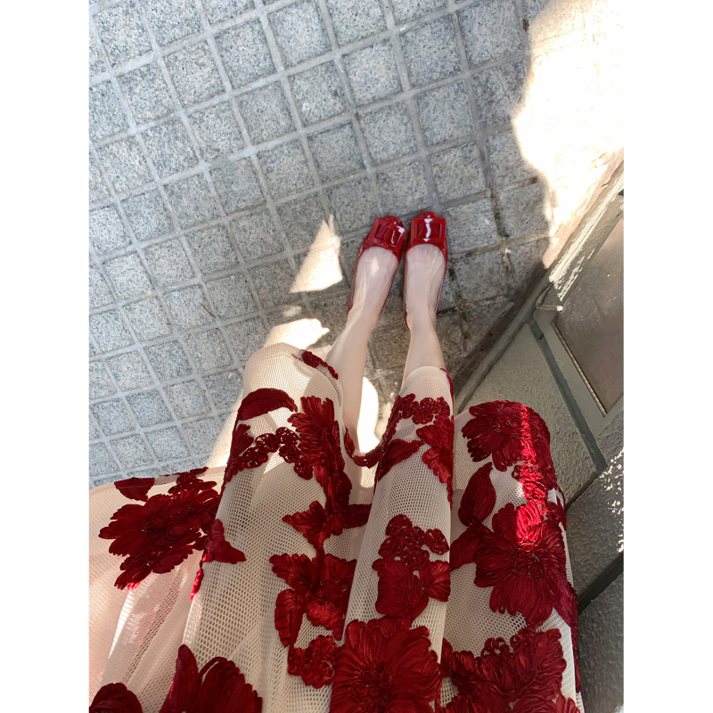 【Farte Shop】Mandy Manor Embroidered Mesh Fluffy Wide Hem Skirt Women's Spring/Summer A-Line Skirt