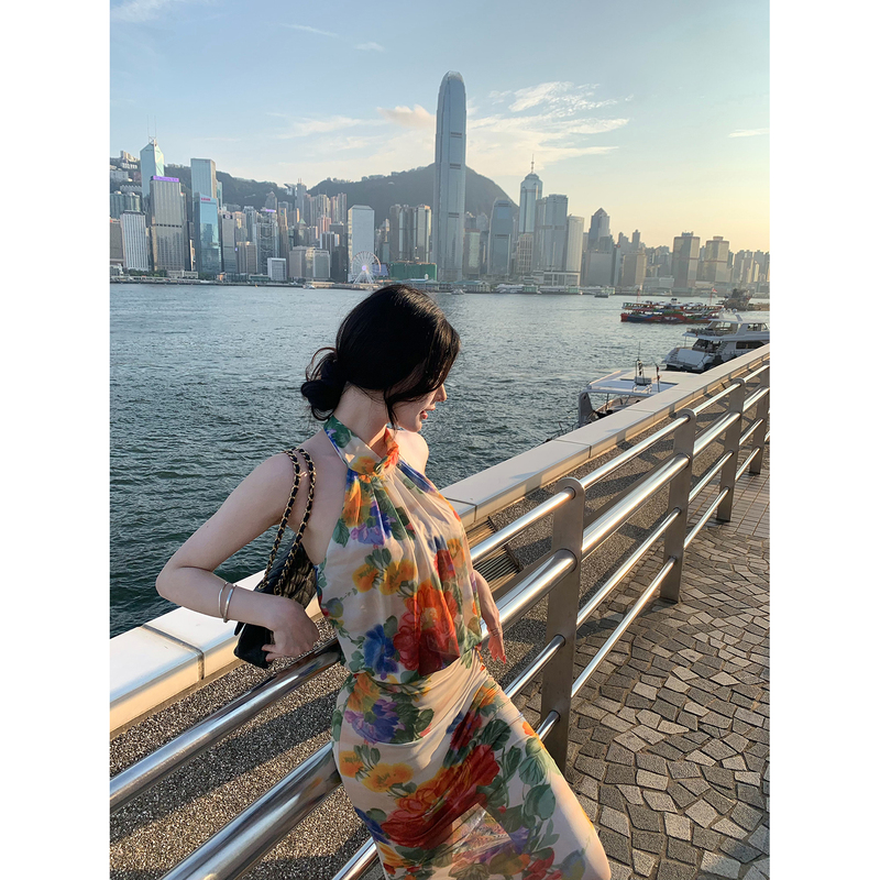 【Farte Shop】Spring Flowers in the Rain Halter Neck Tie Backless Printed Dress Women's Spring and Summer Bodycon Midi Dress