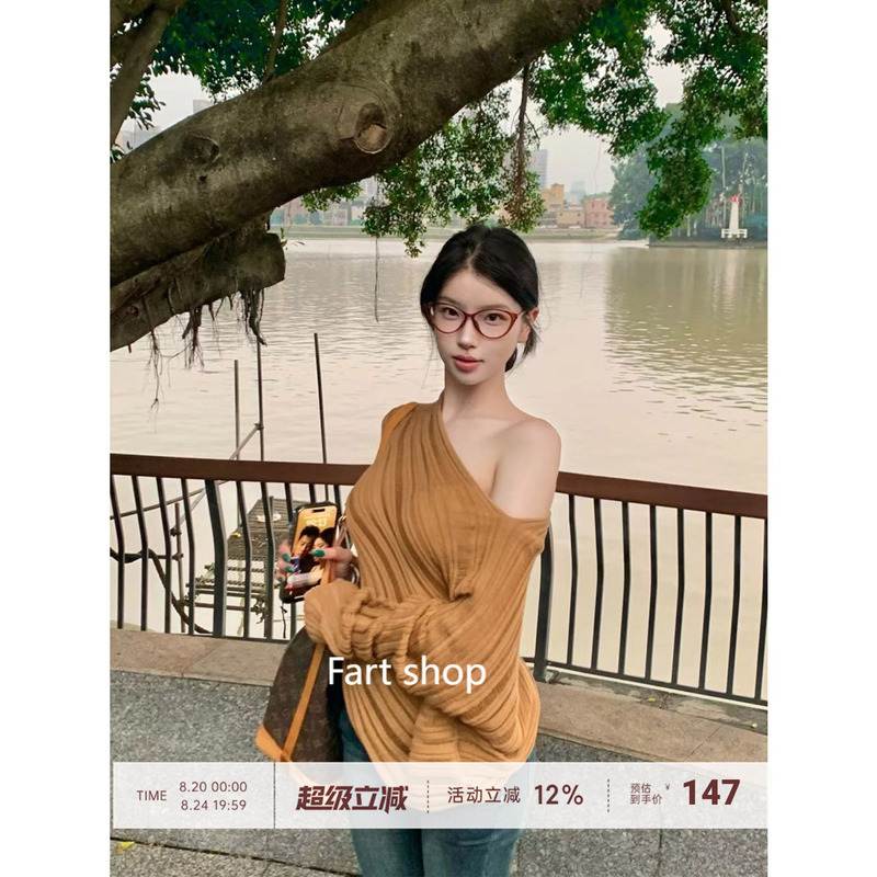 【Farte Shop】Korean Style Lazy Off-Shoulder Sweater for Women, Autumn Irregular Design, Drapey Loose Knit Top 【Farte Shop】Korean Style Lazy Off-Shoulder Sweater for Women, Autumn Irregular Design, Drapey Loose Knit Top