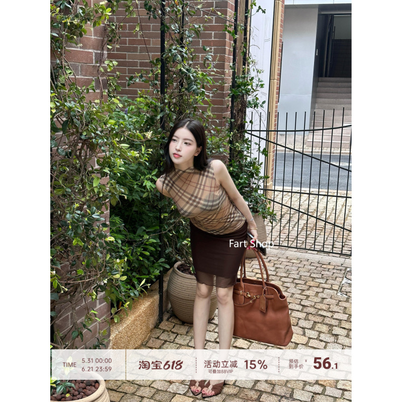 【Fart Shop】 Classic Plaid Half-High Collar Sleeveless Top for Women, High-Transparency, Lightweight, Waist-Cinching, Slimming Tank Top