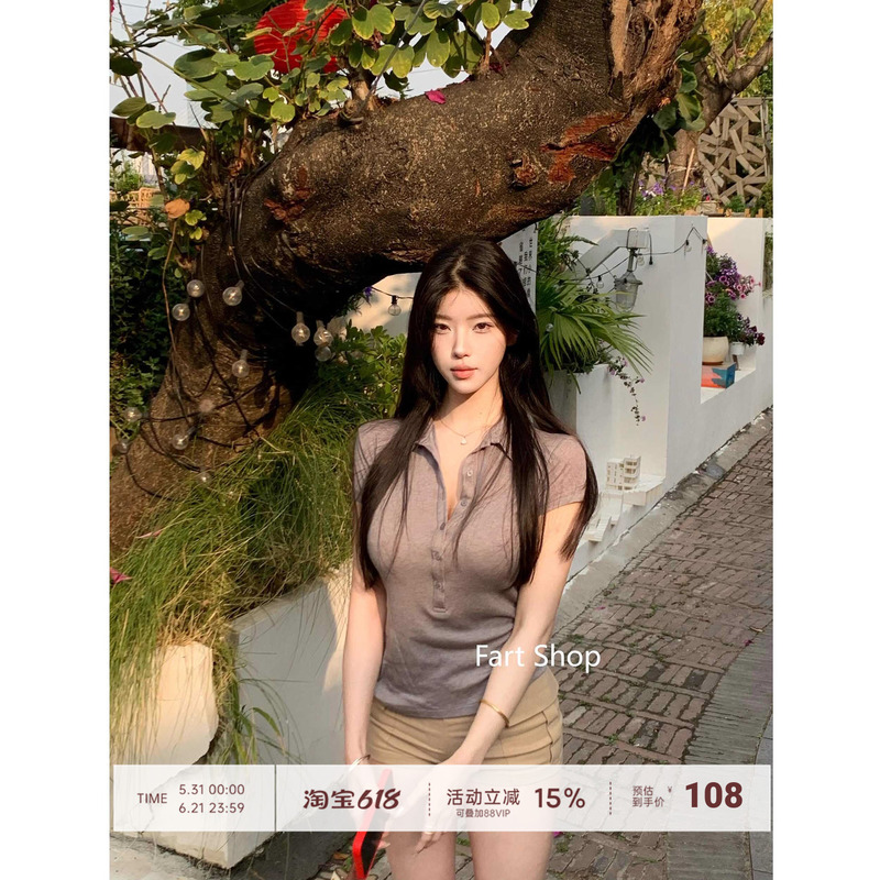 【Fart Shop】~Tencel Polo Shirt Practicality~ Spring and Summer Right-Angle Shoulder Waist-Cinching Short-Sleeve T-Shirt Top for Women