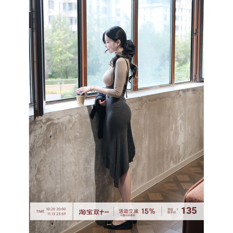 【Farte Shop】Evening Party Dark Gray Irregular Strap Dress for Women, Autumn and Winter Bodycon Midi Dress 【Farte Shop】Evening Party Dark Gray Irregular Strap Dress for Women, Autumn and Winter Bodycon Midi Dress