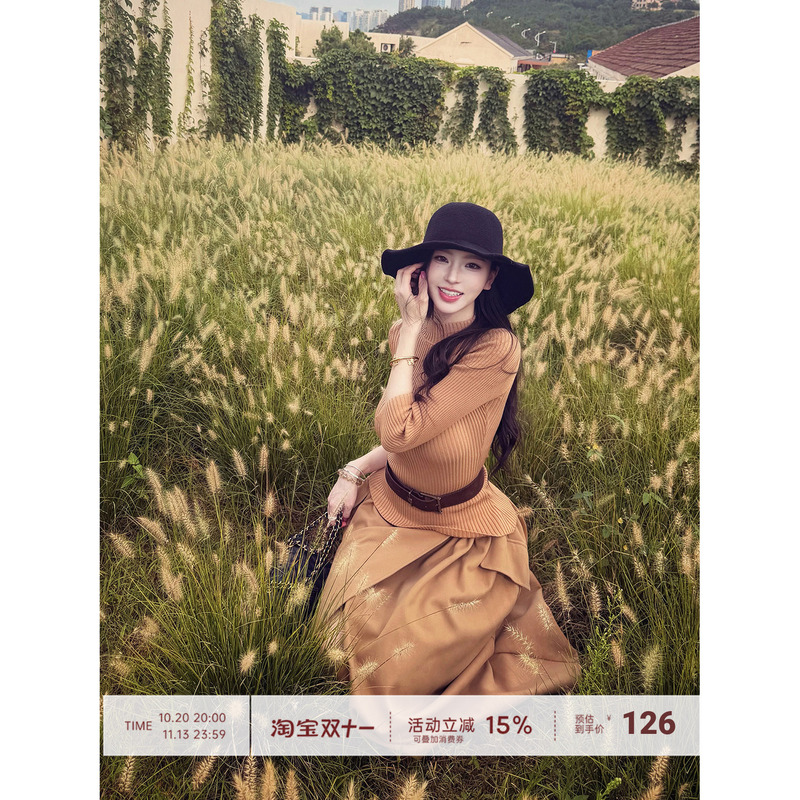 【Farte Shop】Chestnut Afternoon Khaki Half-Turtleneck Knit Sweater and Skirt Set for Women, Spring and Autumn Two-Piece Set 【Farte Shop】Chestnut Afternoon Khaki Half-Turtleneck Knit Sweater and Skirt Set for Women, Spring and Autumn Two-Piece Set