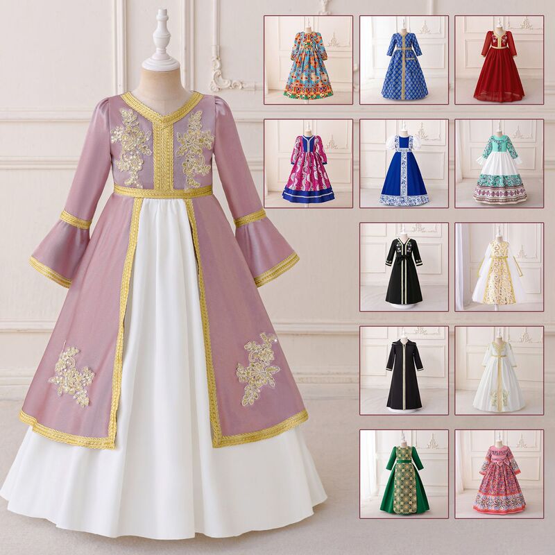 Happy European and American Middle Eastern Girls Dress Princess Dress Banquet Long-Sleeved Evening Dress Printed Flower Girl Performance Dress