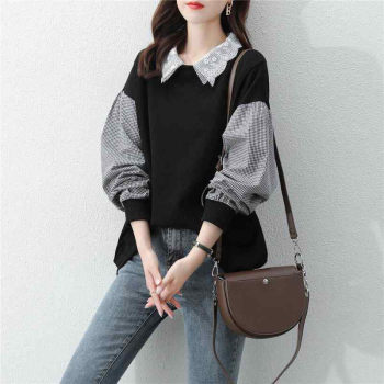 Outlets big-name cutting standard clearance pick-up leakage spring and autumn splicing lapel sweater women's age-reducing leave two-piece thin top